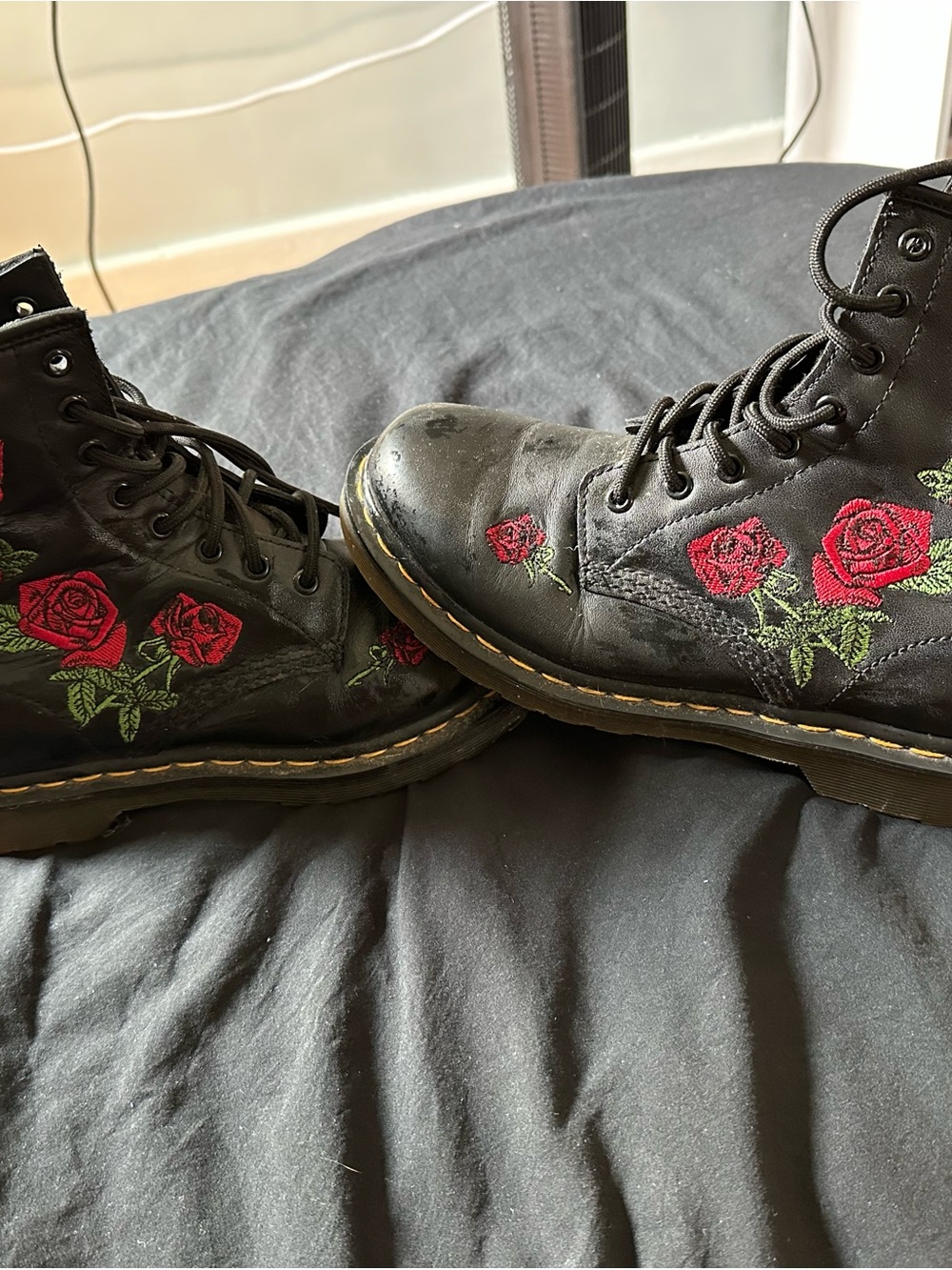 Dr. Martens Black Lace-Up Boots with Red Rose Embroidery